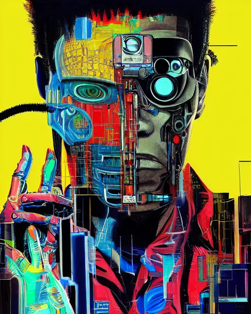 Prompt: a cyberpunk portrait of a the terminator by jean - michel basquiat, by hayao miyazaki by artgerm, highly detailed, sacred geometry, mathematics, snake, geometry, cyberpunk, vibrant, water