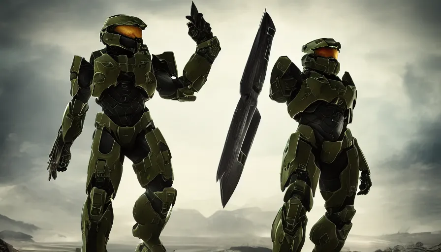 Image similar to character creation, halo spartan, battle ready, halo style, octane render