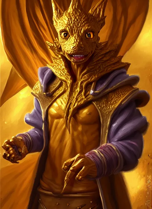 Image similar to a _ fantasy _ style _ portrait _ painting _ of a humanoid gold kobold male in wizard robes in a store selling things, oil _ painting _ unreal _ 5 _ daz. _ rpg _ portrait _ extremely _ detailed _ artgerm _ greg _ rutkowski _ greg