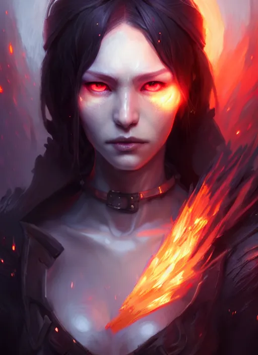 Image similar to character concept art of a dark fantasy female fire witch, key visual, realistic shaded perfect face, fine details, dystopian environment and background, by stanley artgerm lau, wlop, rossdraws, james jean, andrei riabovitchev, marc simonetti, and sakimichan, trending on artstation