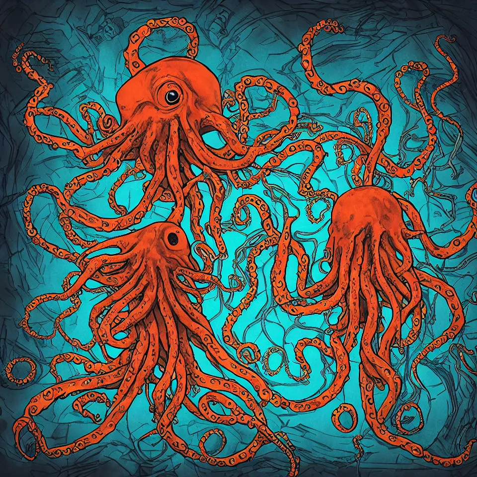 Prompt: alien octopus spider with kraken head, in a dark cave with glowing writing on the walls, contrasting colors, in the style of Kristian Wåhlin