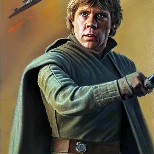 Image similar to An ultra realistic portrait painting of luke skywalker in the style of Frank Frazetta, 4k, Ultra realistic, Highly Detailed, Dark Fantasy, Epic Lighting