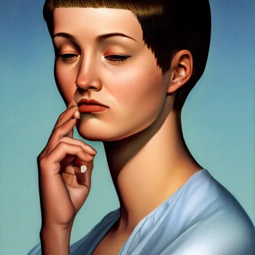 Prompt: a beautiful portrait of a tired young woman with a buzz haircut by greg hildebrandt