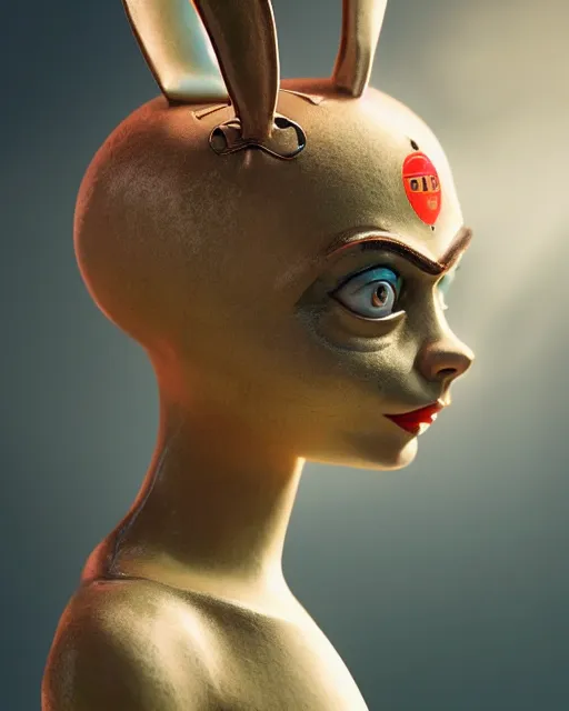 Image similar to closeup face profile portrait of cara delevingne as a tin toy soviet chernobyl space rabbit, bikini, depth of field, zeiss lens, detailed and intricate environment, fashion photoshoot by nicoletta ceccoli, mark ryden, lostfish, breathtaking, 8 k resolution, artistic, hyperrealistic, octane render