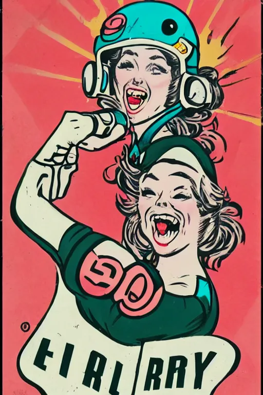 Prompt: roller derby girl portrait, logo, wearing helmet, laughing, Frank Hampson and mcbess, 1950s