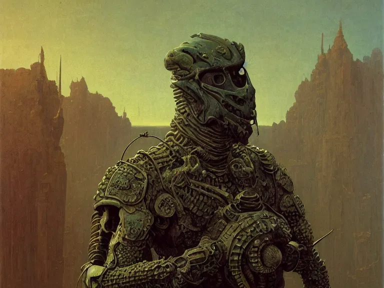 Prompt: a detailed profile portrait of a reptilian bounty hunter on his home planet, wearing combat armour by beksinski carl spitzweg moebius and tuomas korpi. baroque elements. baroque element. intricate artwork by caravaggio. Oil painting. Trending on artstation. 8k