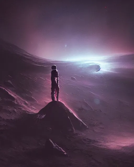 Image similar to space exploration, alien planet, expansive views of space, nebula, inspired by greg rutkowski and Keith Mallett, digital art, extremely moody lighting, glowing light and shadow, atmospheric, shadowy, cinematic