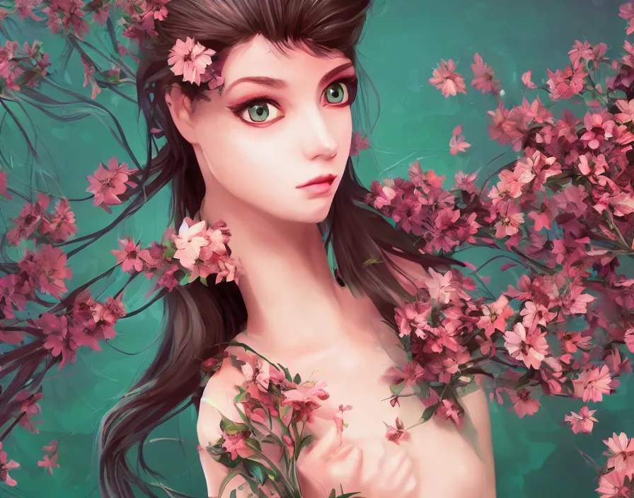 Image similar to vector girl with flowers, beautiful texture, beautiful graphics, fantasy artwork, very beautiful scenery, hd, hdr, ue 5, ue 6, unreal engine 5, cinematic 4 k wallpaper, 8 k, ultra detailed, by popular digital, details, beautiful image ever created, high resolution, artstation, award winning