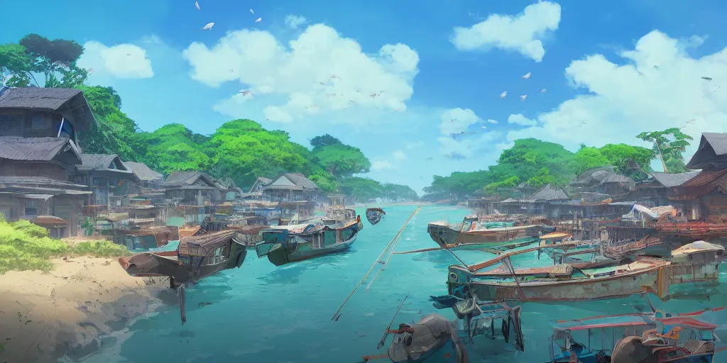 Image similar to pulau indah fishing town in the morning, detailed matte painting, studio ghibli, artstation