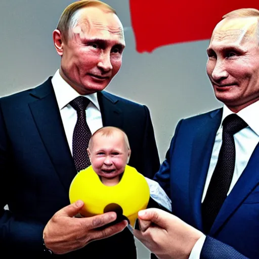 Image similar to vladimir putin giving a bottle shaped like a missile to a baby with the face of zelensky in his arms