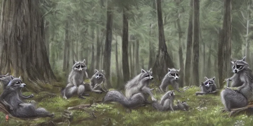 Image similar to A small group of racoons is sitting in the forest next to a campfire. There is a wolf sneaking from the side. Cinematic, very beautiful, painting in the style of Lord of the rings