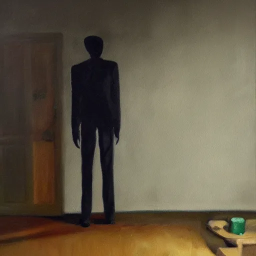 Image similar to slenderman in backroom, oil paining, dark