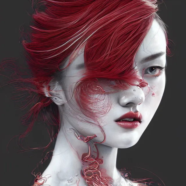 Image similar to portrait of a red gem ruby personified as an absurdly beautiful, elegant, young hypercolorful sensual gravure idol, ultrafine hyperrealistic detailed face illustration by kim jung gi, irakli nadar, intricate linework, sharp focus, bright colors, matte, octopath traveler, final fantasy, unreal engine highly rendered, global illumination, radiant light, intricate environment