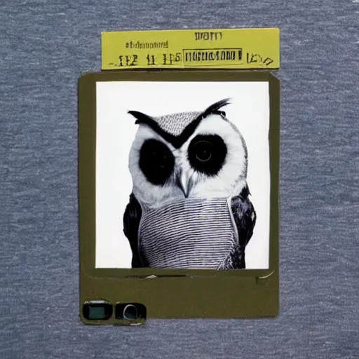 Image similar to surrealistic, anthropomorphic owl in a hoodie, holding polaroid camera, 8 0 s, polaroid photo, by warhol,