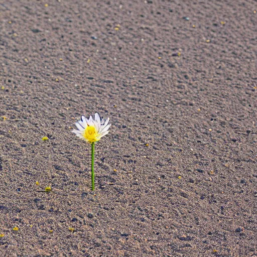 Prompt: a single small pretty flower blooms in the middle of a bleak arid empty desert, sand dunes