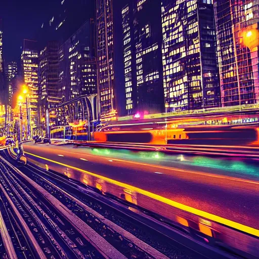 Prompt: futuristic train drives on bridge over busy street full of cars in nyc at night, still photo, cinematic lighting