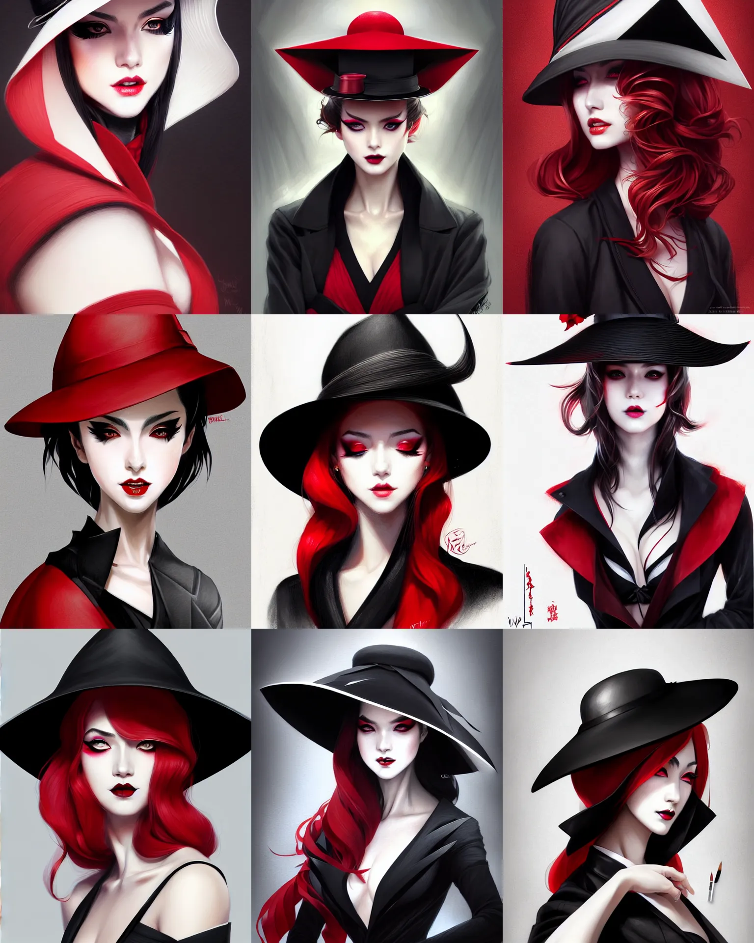 Prompt: lady with eyeliner makeup from genshin impact in triangle fedora hat and black coat, wavy lingeries, intricate, elegant, sharp focus, illustration, highly detailed, digital painting, concept art, art by wlop and artgerm and greg rutkowski and ross tran, masterpiece, red and white and black colors