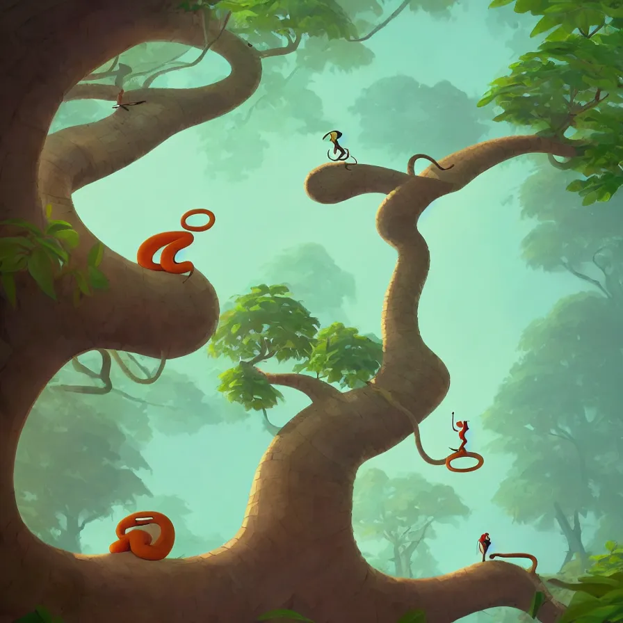 Image similar to Goro Fujita illustrating a snake with geometric figures climbing a large tree in a jungle, art by Goro Fujita, sharp focus, highly detailed, ArtStation