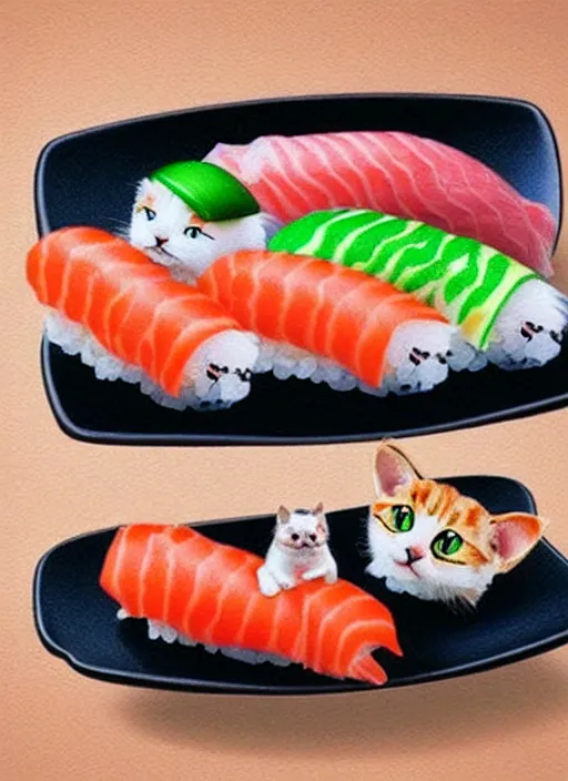 Image similar to clear photorealistic picture of adorable cats made out of sushi