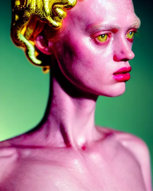Image similar to hyperrealist highly intricate post-punk rococo portrait pink pearlescent exoskeleton beautiful goddess concept art pascal blanche key sage dramatic yellow lighting 8k high angle shallow depth of field