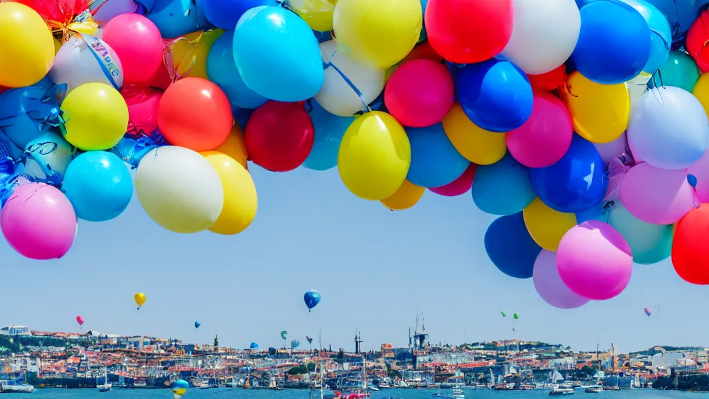 Prompt: photo of a lot of birthday balloons floating above a beautiful maritime port. sharp focus, highly - detailed, award - winning