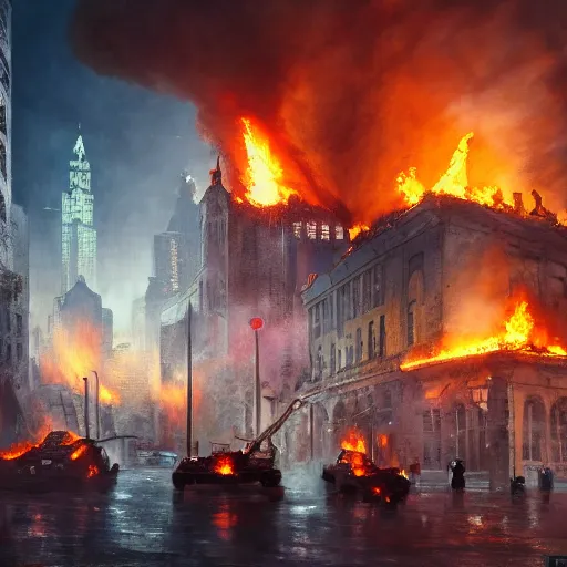 Image similar to City ablaze after cryptic aliens burned the old city center, people panicking and tanks rolling on the streets, cinematic lighting, high quality 8k hd, oil on canvas, hyperralistic art