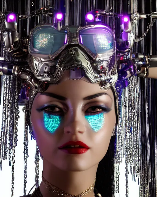 Image similar to 3 / 4 portrait photo of belly dancer as a cyberpunk humanoid robotic head shoulder parts with straight bright led lights, inside white room, ultra - realistic and detailed, 8 k