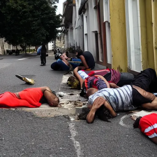 Prompt: several people laying on pavement, dead after gas attack, horror scene, landscape