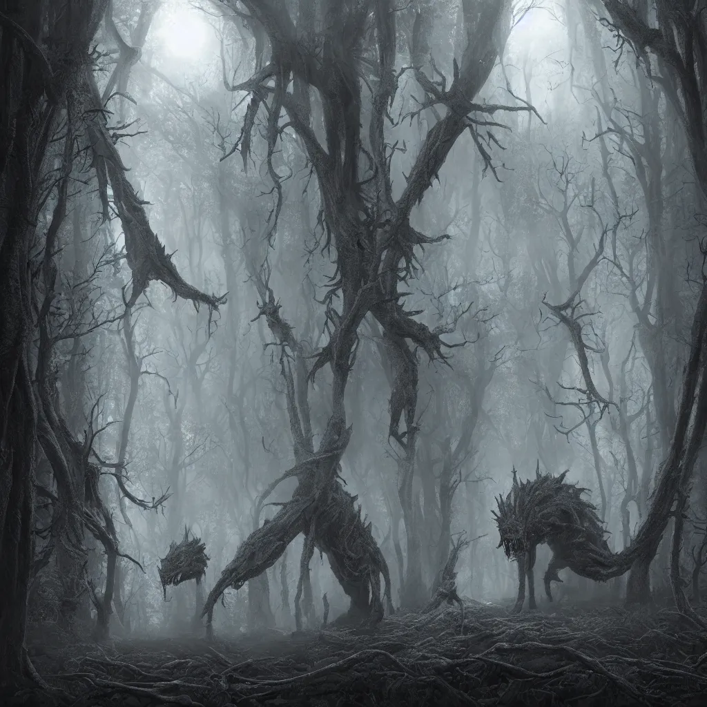 Image similar to Photorealistic giant nightmare creature in the ominous foggy woods in the style of Michael Whelan and Gustave Dore. Hyperdetailed photorealism, epic scale, misty, 108 megapixels, amazing depth, glowing rich colors, powerful imagery, psychedelic Overtones, 3D finalrender, 3d shading, cinematic lighting, artstation concept art