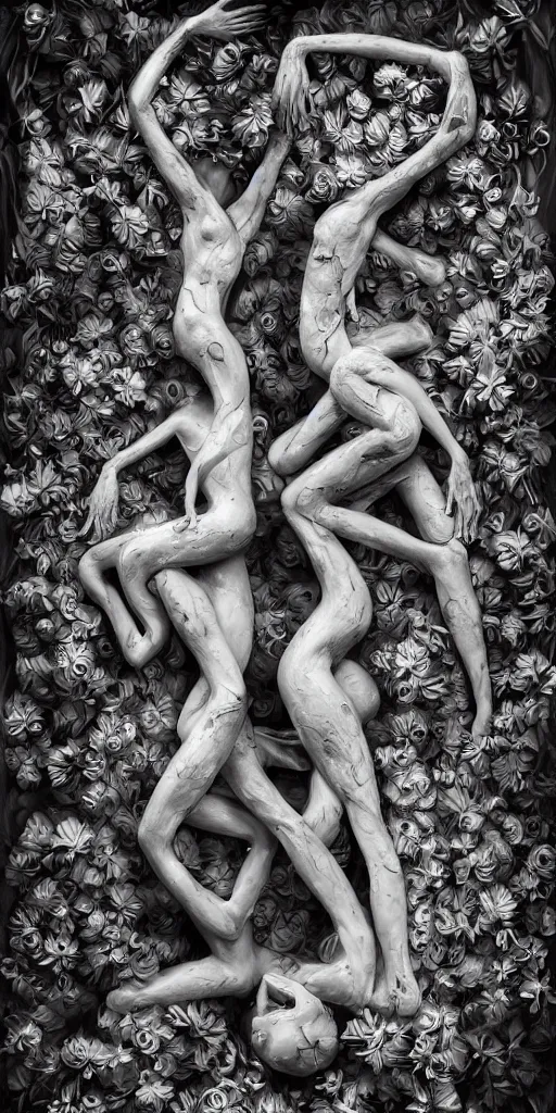 Prompt: a surrealist sculpture human bodies intertwined, a lovely cornucopia of flowers and human body parts, body parts, paint pour, swirling paint colors, black and white photography, desaturated, highly detailed, octane render, cinematic