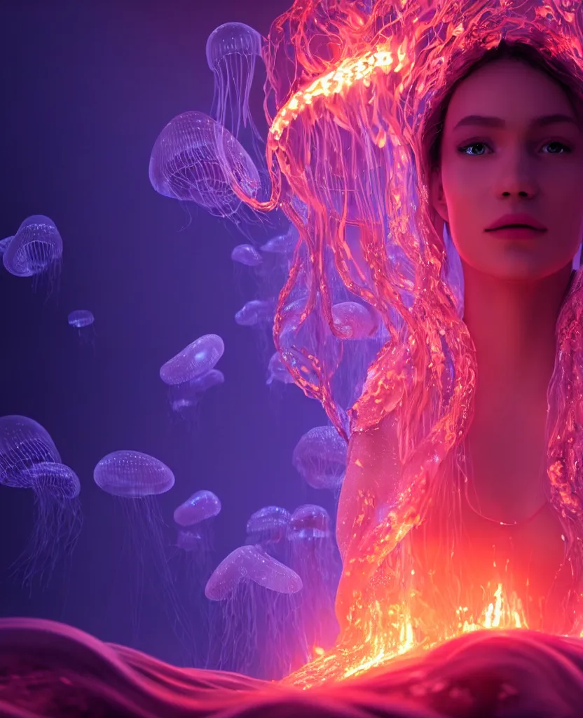 Image similar to close-up portrait of a face of beautiful princess floating in ethereum surrounded by floating jellyfish, energy flows of fire and water, flashes of plasma, 3d with depth of field, blurred background, a highly detailed epic cinematic concept art CG render. made in Maya, Blender and Photoshop, octane render, excellent composition, cinematic dystopian brutalist atmosphere, dynamic dramatic cinematic lighting, aesthetic, very inspirational, arthouse. y Greg Rutkowski, Ilya Kuvshinov, WLOP, Stanley Artgerm Lau, Ruan Jia and Fenghua Zhong