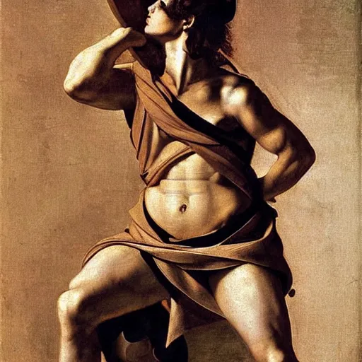 Image similar to muscular female greek warrior, by caravaggio