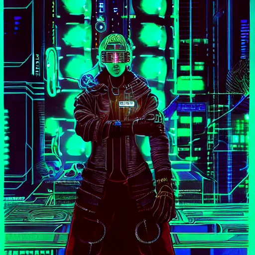 Prompt: a cyberpunk netrunner using a glowing interface, centered in the frame, cyberpunk concept art by Jean Giraud and josan gonzales, digital art, highly detailed, intricate, sci-fi, sharp focus, Trending on Artstation HQ, deviantart, 4K UHD image