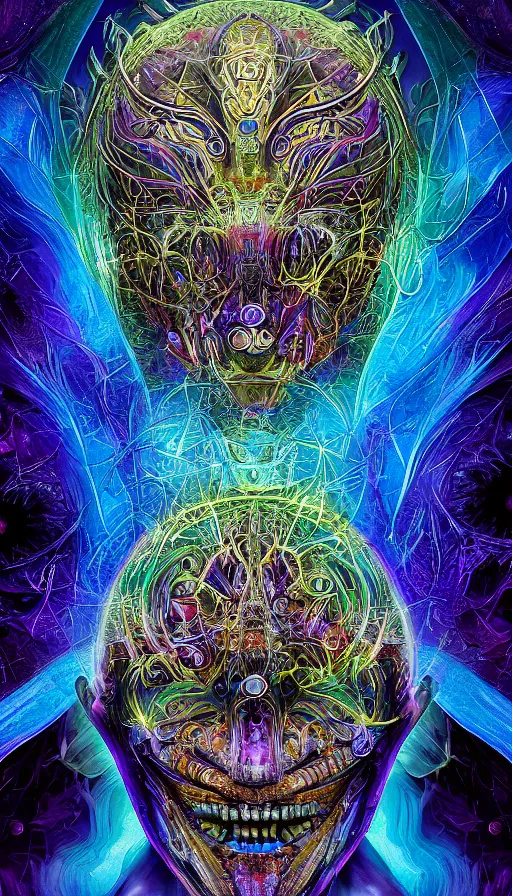 Prompt: Chromatic crystal themed painting of blissful deep forest psytrance praying shaman fantasy biomechanical human beautiful symmetrical face mask closeup concept, infinity glyph, mandelbulber fractal toroidal background, intricate artwork by Johnatan Wayshak, Moebius, H.R. Giger, Ayami Kojima, Android Jones, Karol Bak, Greg Hildebrandt, and Mark Brooks, Neo-Gothic, gothic, rich deep colors, art by Takato Yamamoto, masterpiece, face by Artgerm, very coherent artwork, cinematic, hyper realism, high detail chromatic ink outline, octane render, unreal engine, 8k, High contrast, sacred geometry, golden ratio, trending on cgsociety, ultra high quality model, production quality cinema model