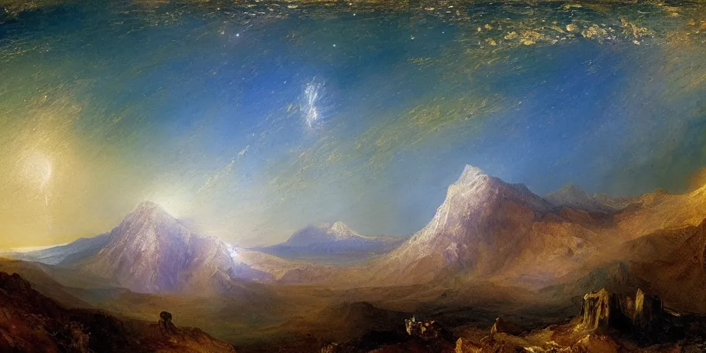 Image similar to stunning mountain landscape with sky full of galaxies by j. m. w turner