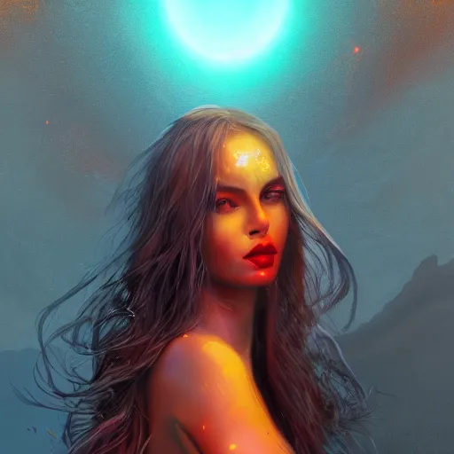 Image similar to epic portrait an beautiful mars goddess, glossy skin, red lips, pretty face, flowing orange long hair, glowing orange eyes, mars landscapes, sun in the backround, digital painting, artstation, concept art, soft light, hdri, smooth, sharp focus, illustration, fantasy, intricate, elegant, highly detailed, D&D, matte painting, in the style of Greg Rutkowski and Alphonse Mucha and artemisia, 8k, highly detailed, jurgens, rutkowski, bouguereau, pastoral, rustic, georgic