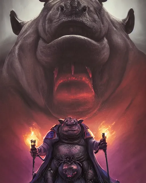 Image similar to Hippo, Anthropomorphized, portrait, as evil warlord general on skull throne, magic the gathering artwork, D&D, fantasy, cinematic lighting, centered, symmetrical, highly detailed, digital painting, artstation, concept art, smooth, sharp focus, illustration, volumetric lighting, epic Composition, 8k, art by Akihiko Yoshida and Greg Rutkowski and Craig Mullins, heroic pose, oil painting, cgsociety, Battlefield background, explosions, arrows