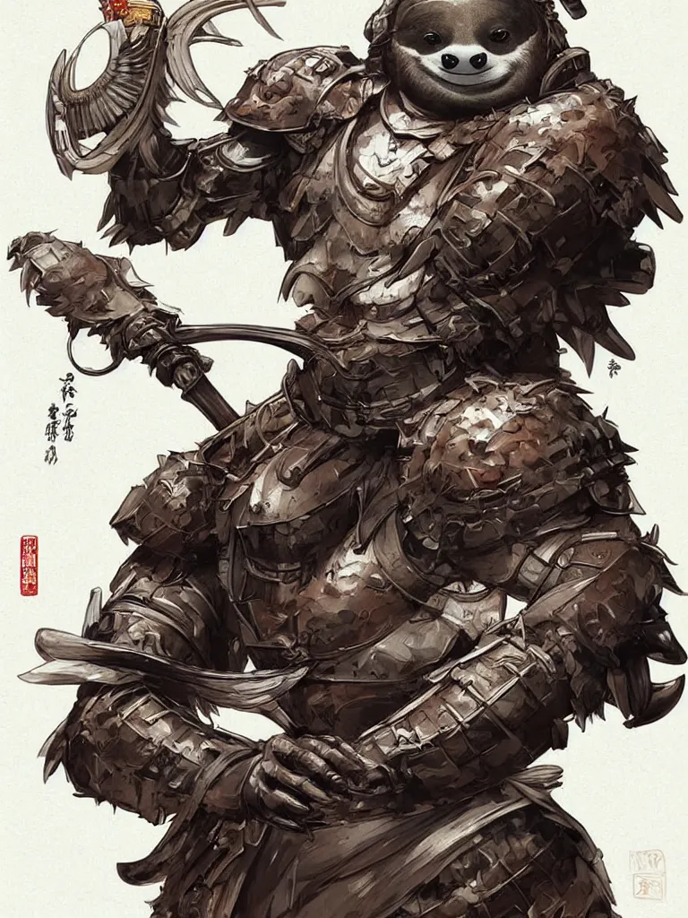 Image similar to graphic, hyperreal illustration of anthropomorphic sloth in traditional samurai armor : : digital art, concept art, character development : : illustrated by artgerm, yoji shinkawa, scott buoncristiano, nychos