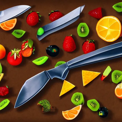 Prompt: fruits fighting while holding knives, hyper realism, detailed, epic background, fruit ninja, epic fighting, 8 k, dynamic lighting, fine texture, concept art