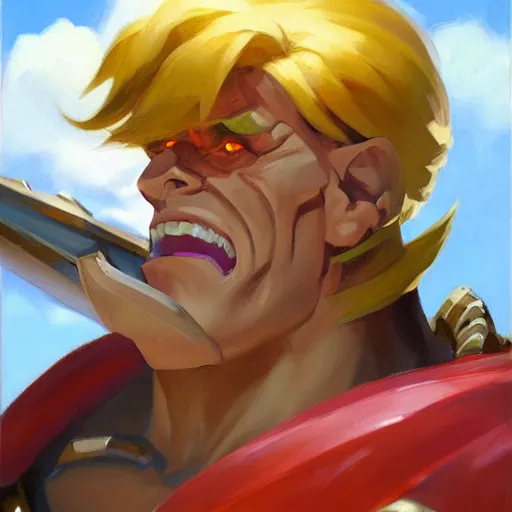 Image similar to greg manchess portrait painting of astonishing he - man the master of the universe as overwatch character, medium shot, asymmetrical, profile picture, organic painting, sunny day, matte painting, bold shapes, hard edges, street art, trending on artstation, by huang guangjian, gil elvgren, ruan jia, greg rutkowski, gaston bussiere