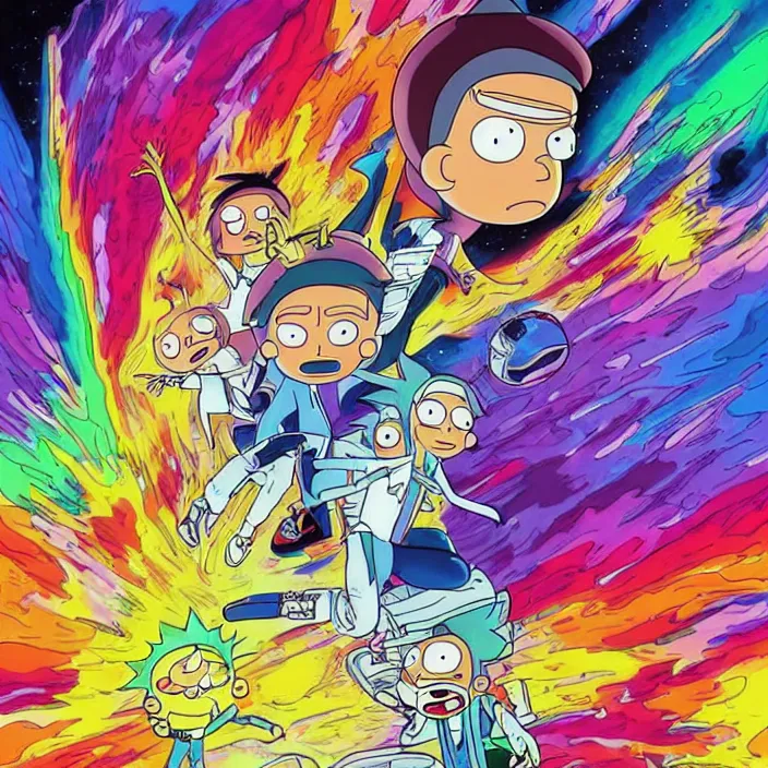 Prompt: Michael J. Fox as Morty Smith from Rick and Morty by Noriyoshi Ohrai and Lisa Frank, inking, full color