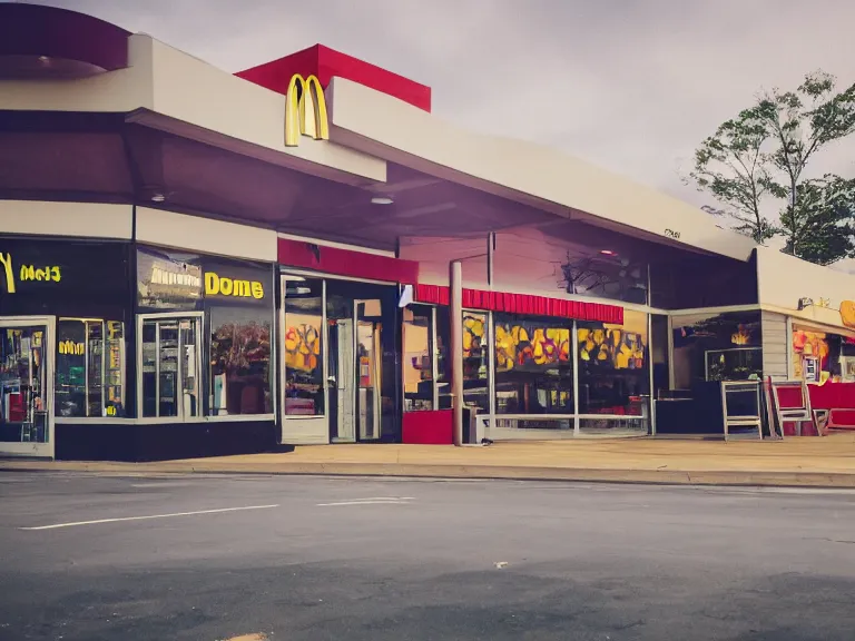 Image similar to fat thanos resting and watching the sun rise on a mcdonalds, cinematic, anamorphic, dramatic, 4 0 mm f / 2. 8