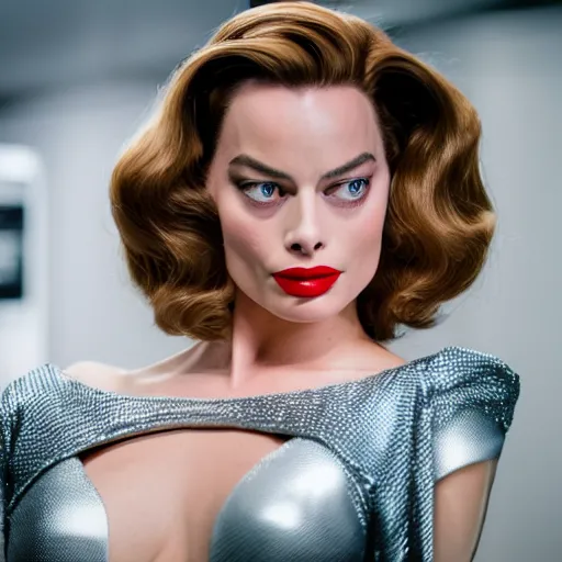 Image similar to Margot Robbie as Jessica Rabbit, still from a live action movie, 50mm, f2.8, panavision, cinematography