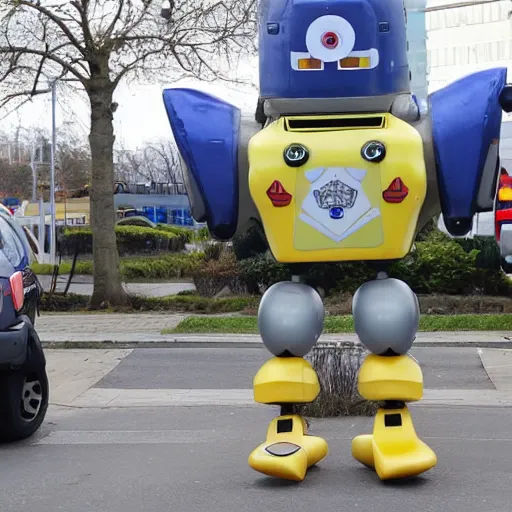 Image similar to giant duck shaped robot surrounded by police cars