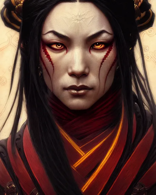 Prompt: azula from avatar the last airbender, character portrait, portrait, close up, concept art, intricate details, highly detailed by greg rutkowski, michael whelan and gustave dore