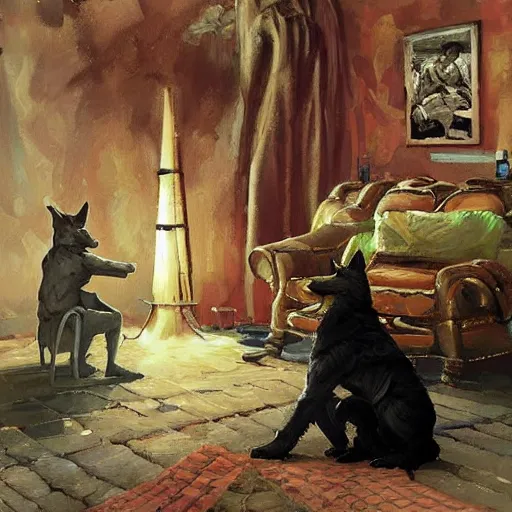 Image similar to a humanoid german shepherd beast - man, sitting and watching a soccer match in his house on television, he has hurt his knee and is a dad, by erin hanson, alexi zaitsev, karl spitzweg, award winning, tv set