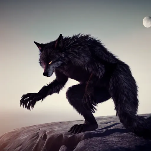 Image similar to young man transforming into a feral werewolf under the moon with black soft realistic fur, ultra detail, unreal engine, 8 k
