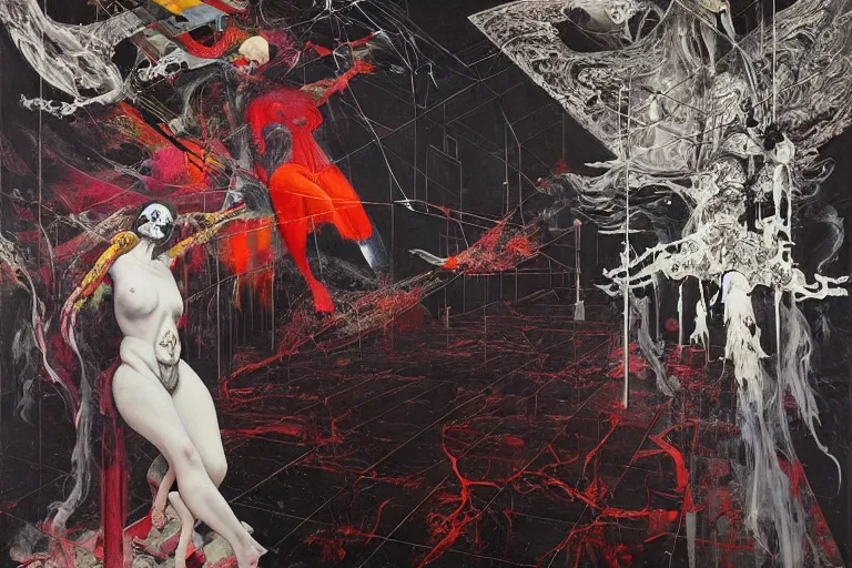 Image similar to The physical impossibility of death, in a brutalist architecture space ship, gothic, rich deep colours, creepy, diabolical, dark, mystical, intrincate, maximalism, painted by Francis bacon, Adrian ghenie, James jean and Petra cortright part by Gerhard Richter, part by Takato Yamamoto. 8k masterpiece