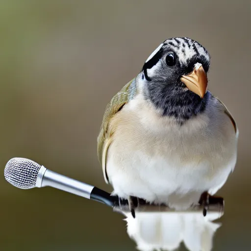 Image similar to A photograph of a bird wearing headphones and speaking into a microphone