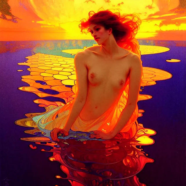 Image similar to mind bending indigo waves of glossy psychedelic liquid honey flowing like kaleidoscopic translucent amber, lsd waves, honey ripples, dramatic professional sunset, refracted lighting, art by collier, albert aublet, krenz cushart, artem demura, alphonse mucha